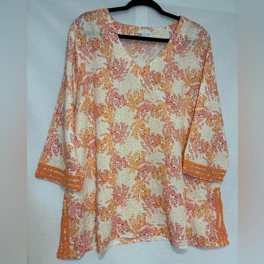 J. Jill Tunic Top Coral Reef Print Embroidered Trim Linen Cotton Size XL Petite